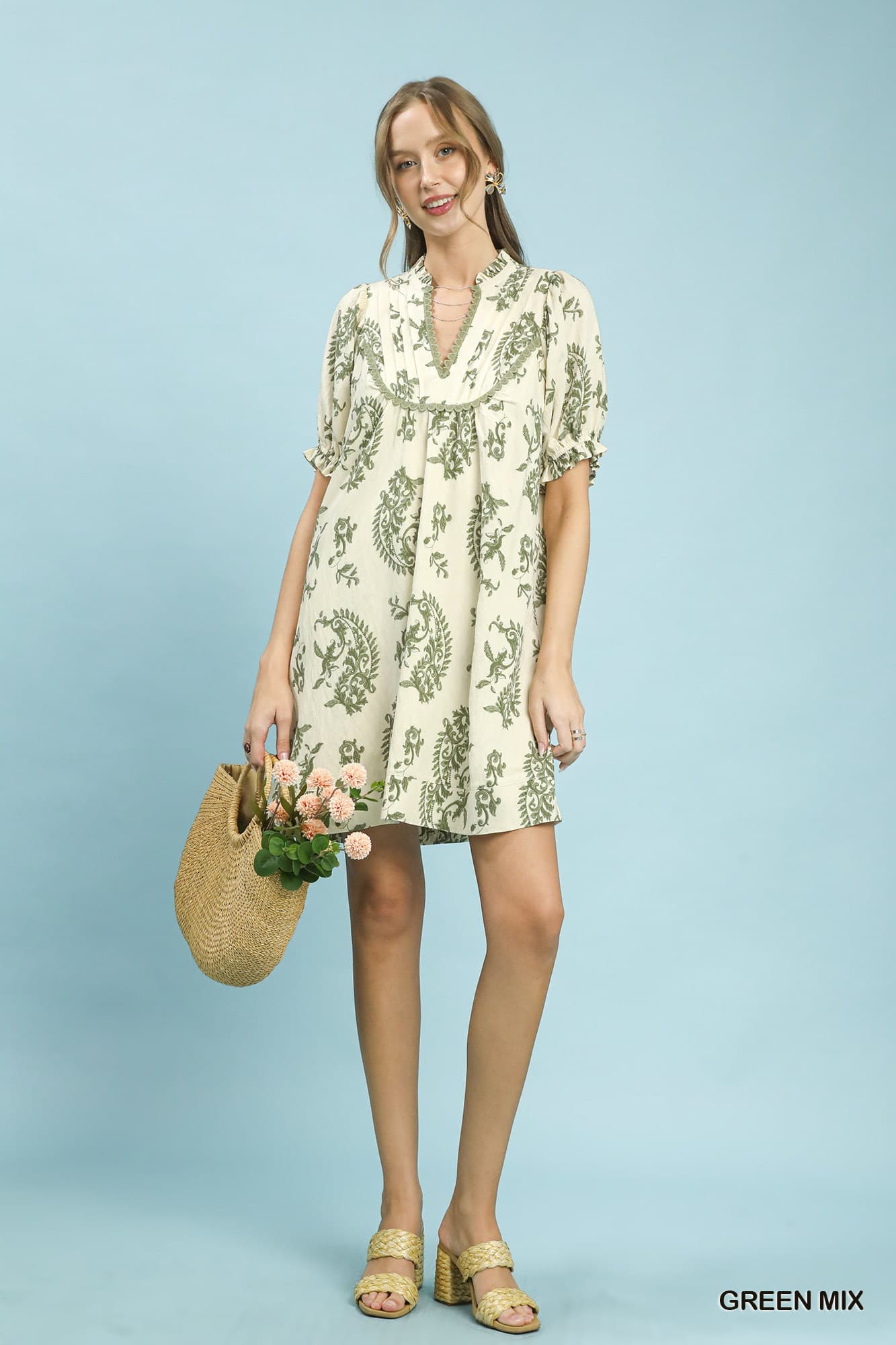 UMGEE Paisley Scallop Trim Dress Green Mix