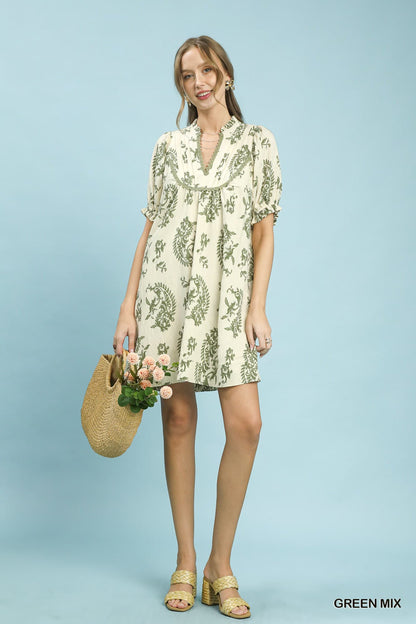 UMGEE Paisley Scallop Trim Dress Green Mix