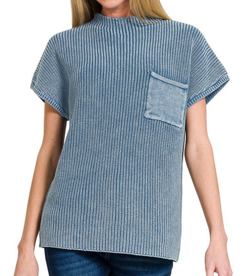 Washed Short Sleeve Sweater Dusty Blue