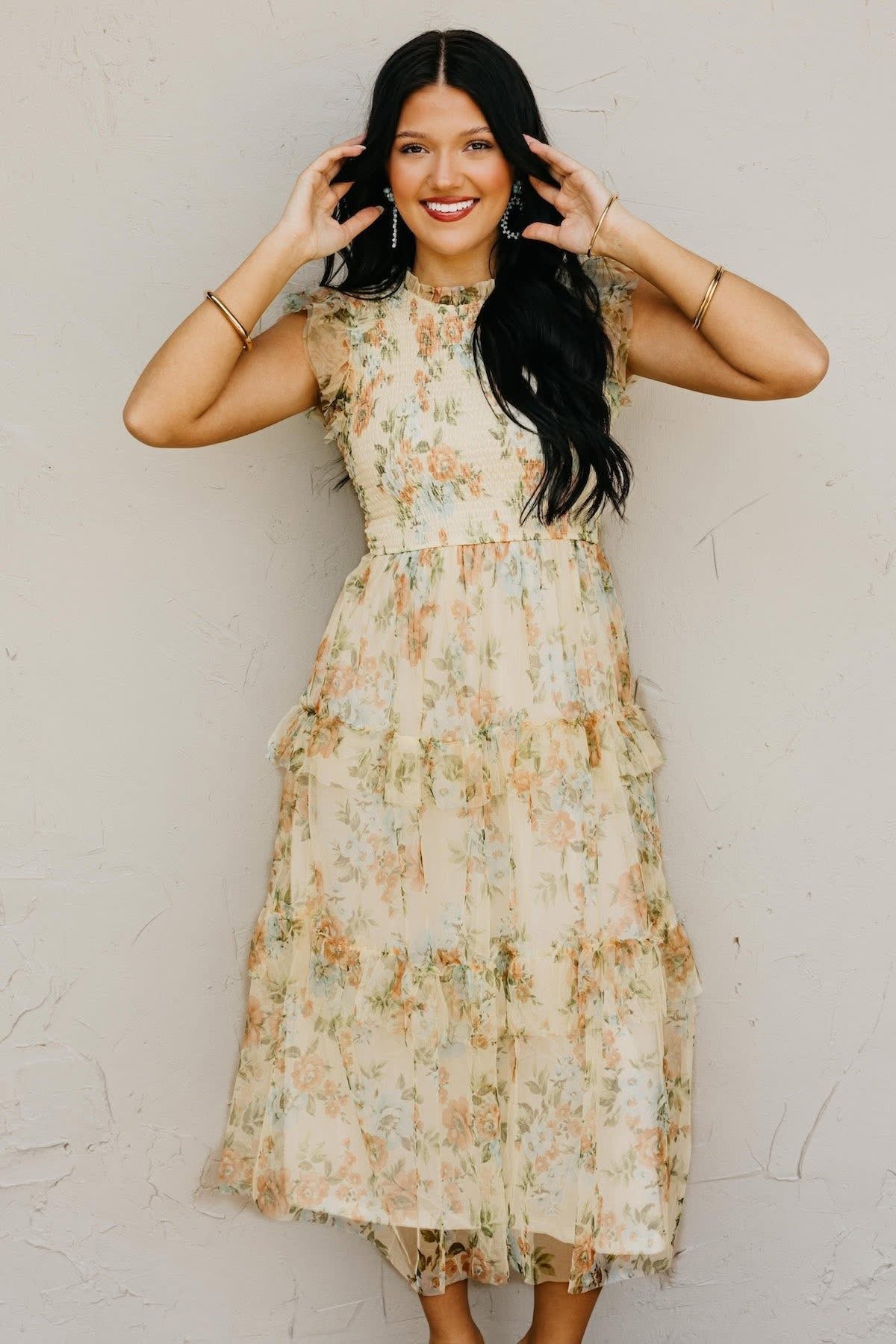Pale Yellow Floral Ruffle Chiffon Dress