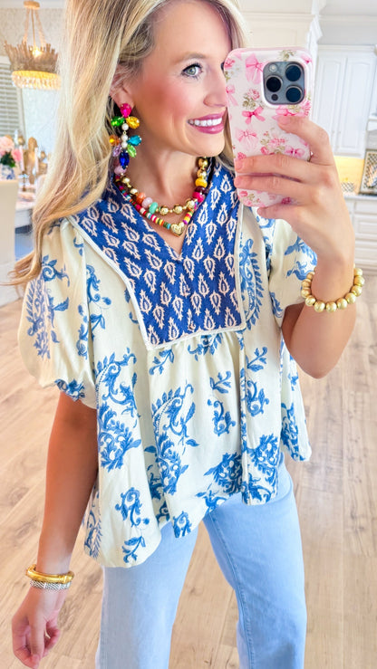 UMGEE Blue Print Boho Puff Sleeve Top