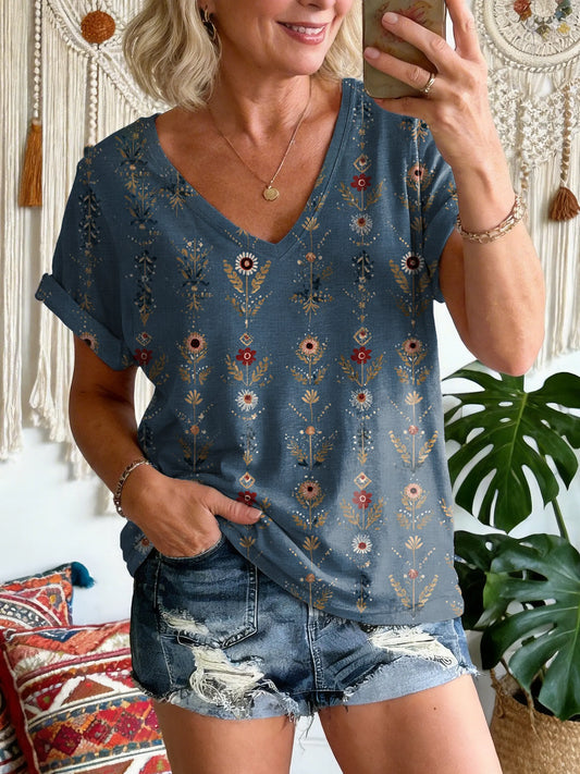 Women's Vintage Floral Pattern Art Print V-neck Short Sleeve