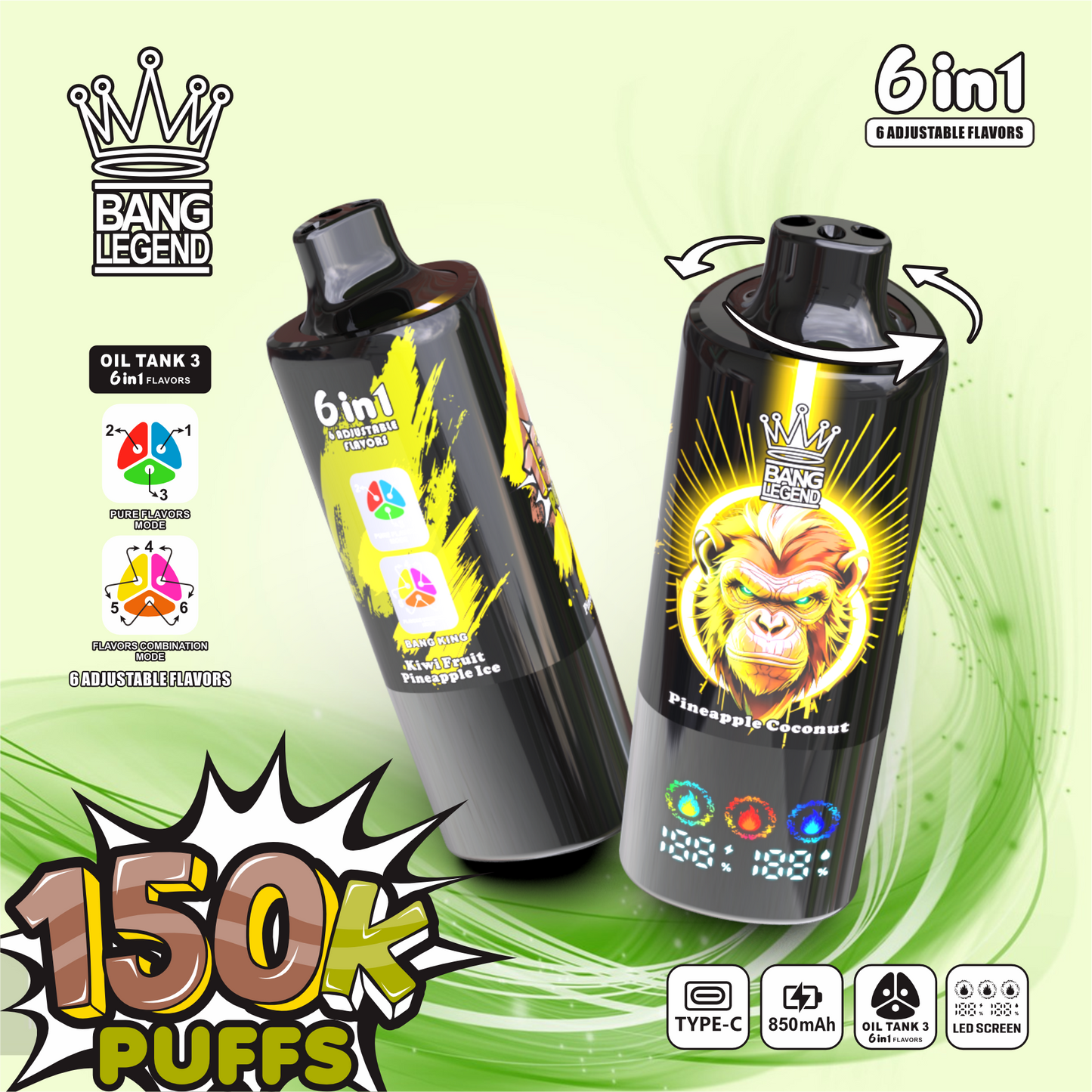 Bang Legend 150000 150K Puffs 6 in 1 Flavors Newest Original Rechargeable LED Display Disposable Vape