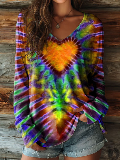 Women's Colorful Love Heart Tie Dye Art Print Casual V-neck Long Sleeve T-shirt