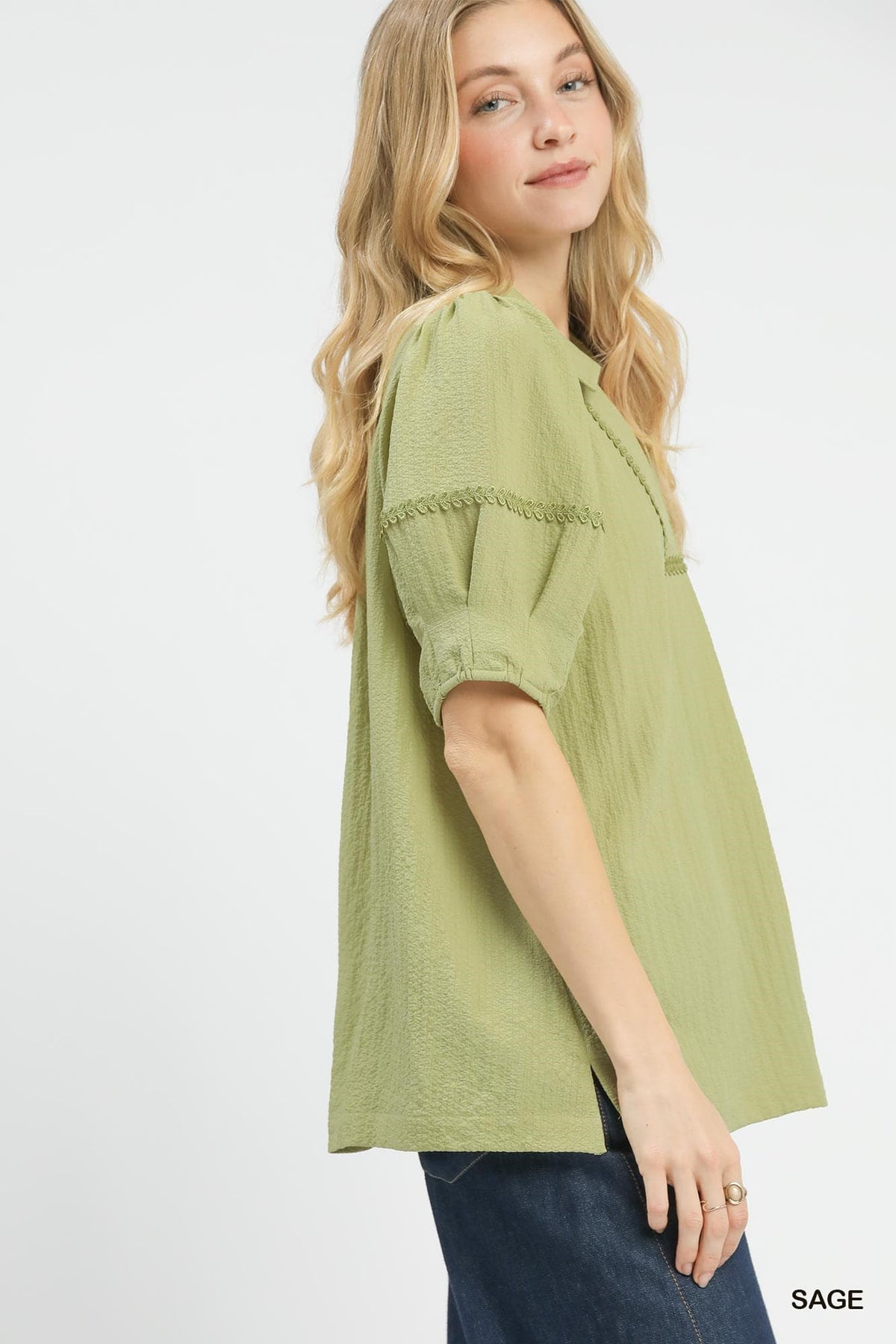 UMGEE Textured Lace Trim Top Sage
