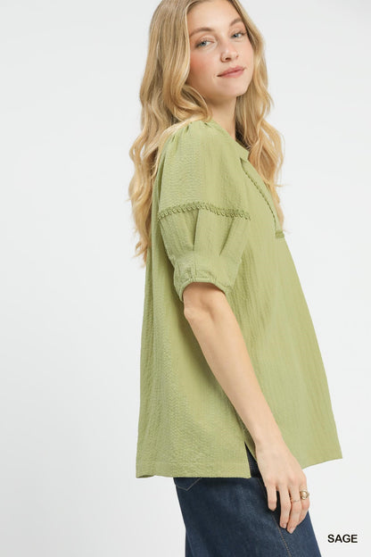 UMGEE Textured Lace Trim Top Sage
