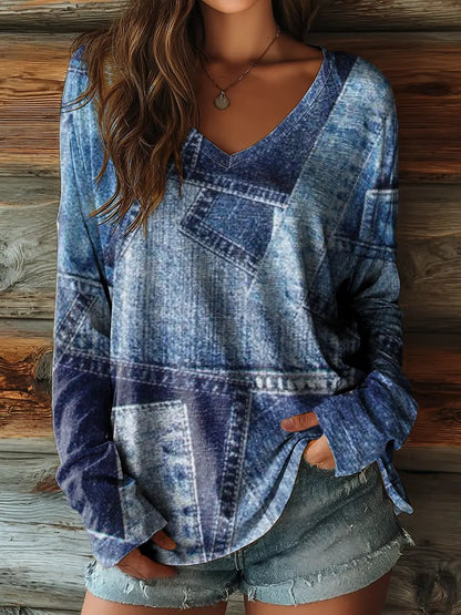 Women's Denim-Print Patchwork Artistic Print Pocket Cotton Dress