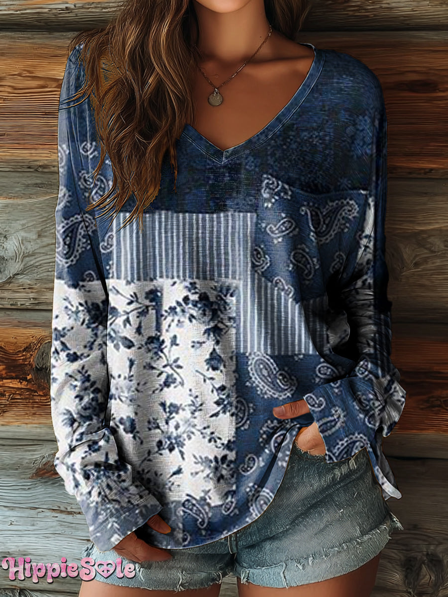 Women's Vintage Ethnic Floral Patchwork Art Print Casual V-neck Long Sleeve T-shirt