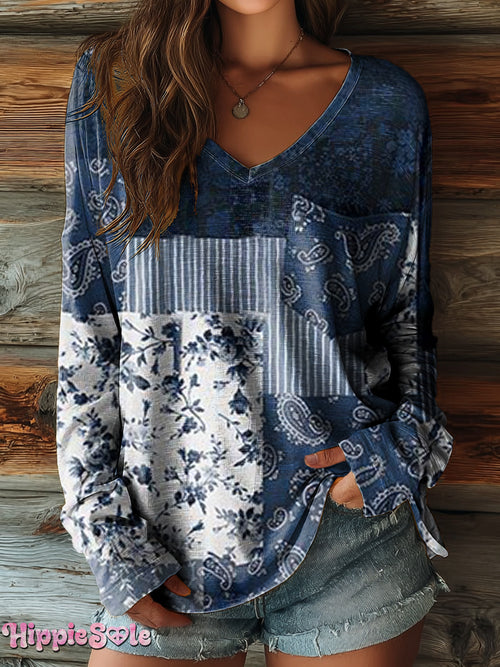 Women's Vintage Ethnic Floral Patchwork Art Print Casual V-neck Long Sleeve T-shirt