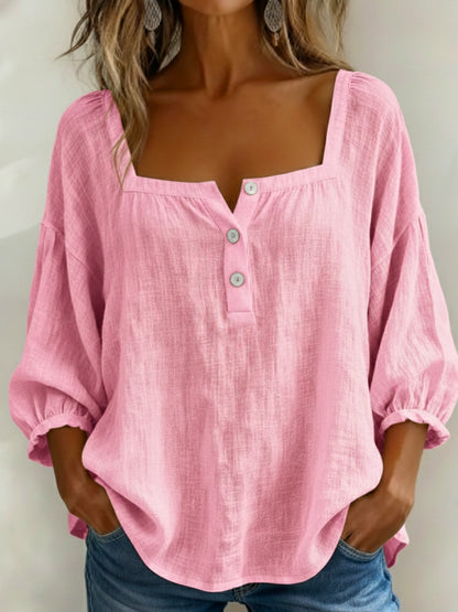 Women's Retro Casual Early Spring Square Collar Button Bubble Sleeve Cotton Shirt