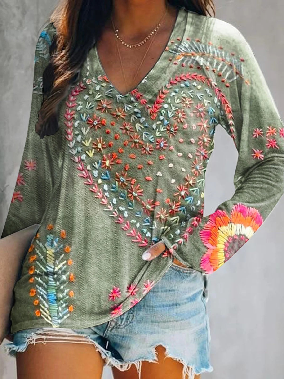 Women's Vintage Bohemian Floral Love Art Print V-neck Casual T-Shirt