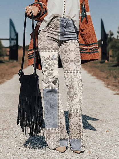 Women's Vintage Collage Art Print Casual Wide Leg Pants