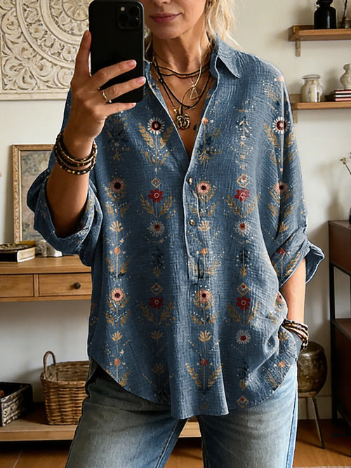 Women's Vintage Floral Art Print Casual Long-sleeve Shirt
