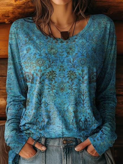 Women's Vintage Ethnic Blue Floral Totem Art Print Pocket Cotton V-Neck Long-Sleeve Dress