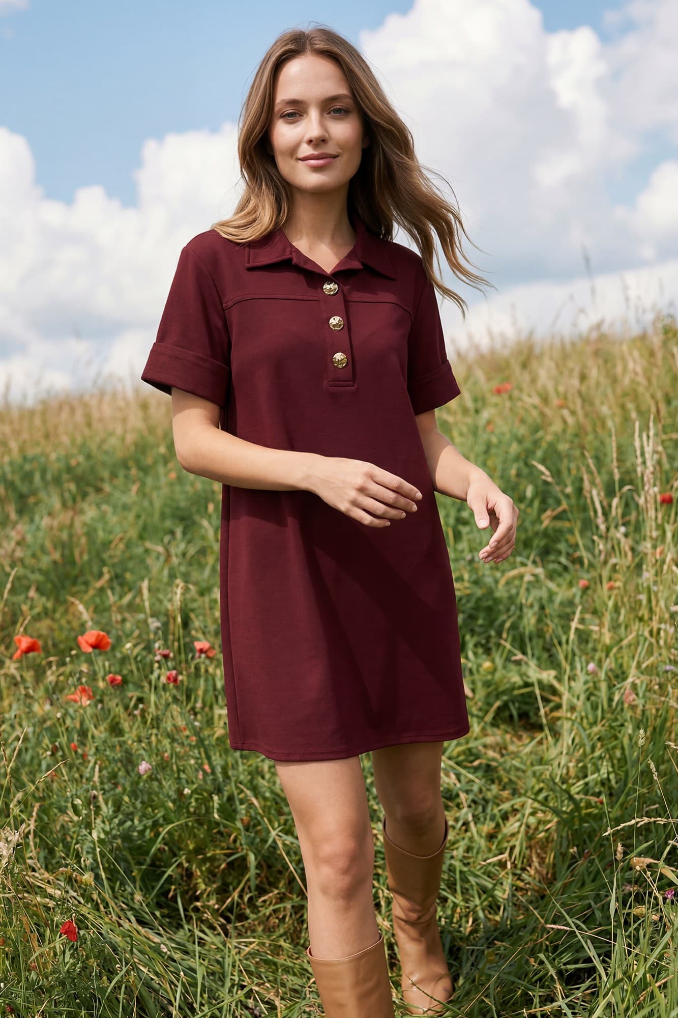 Wine Short Sleeve Shift Dress