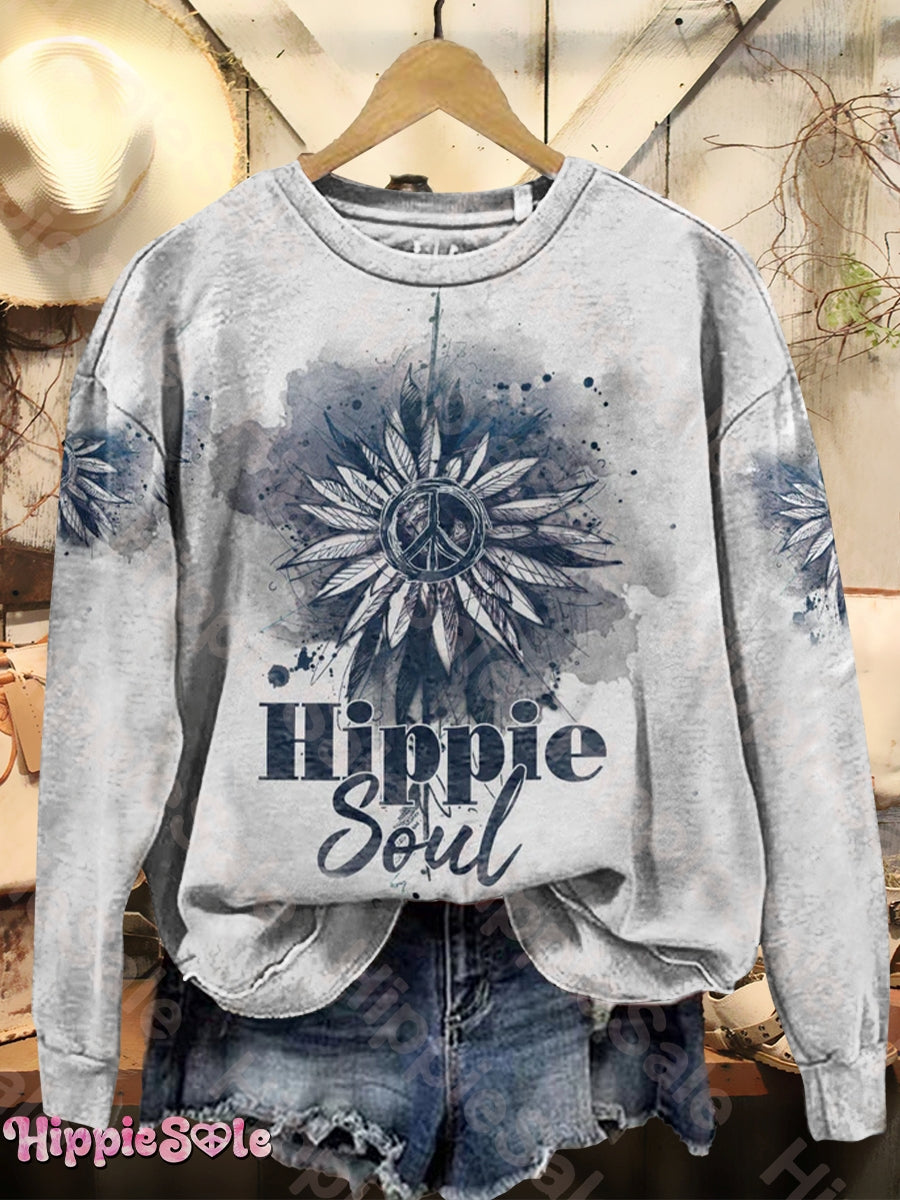 Women's Vintage Hippie Soul Floral Art Print Crew Neck Long Sleeve Sweatshirt