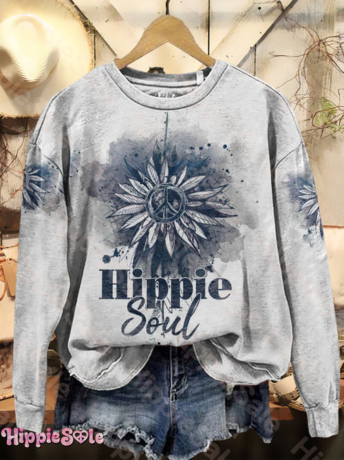 Women's Vintage Hippie Soul Floral Art Print Crew Neck Long Sleeve Sweatshirt