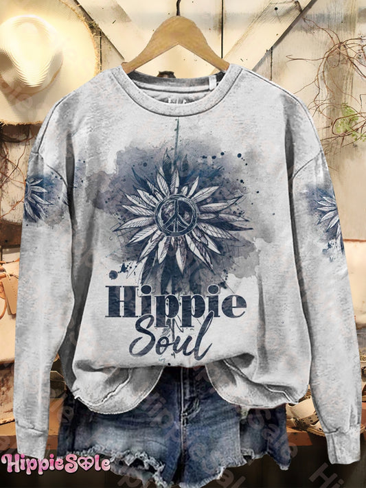 Women's Vintage Hippie Soul Floral Art Print Crew Neck Long Sleeve Sweatshirt
