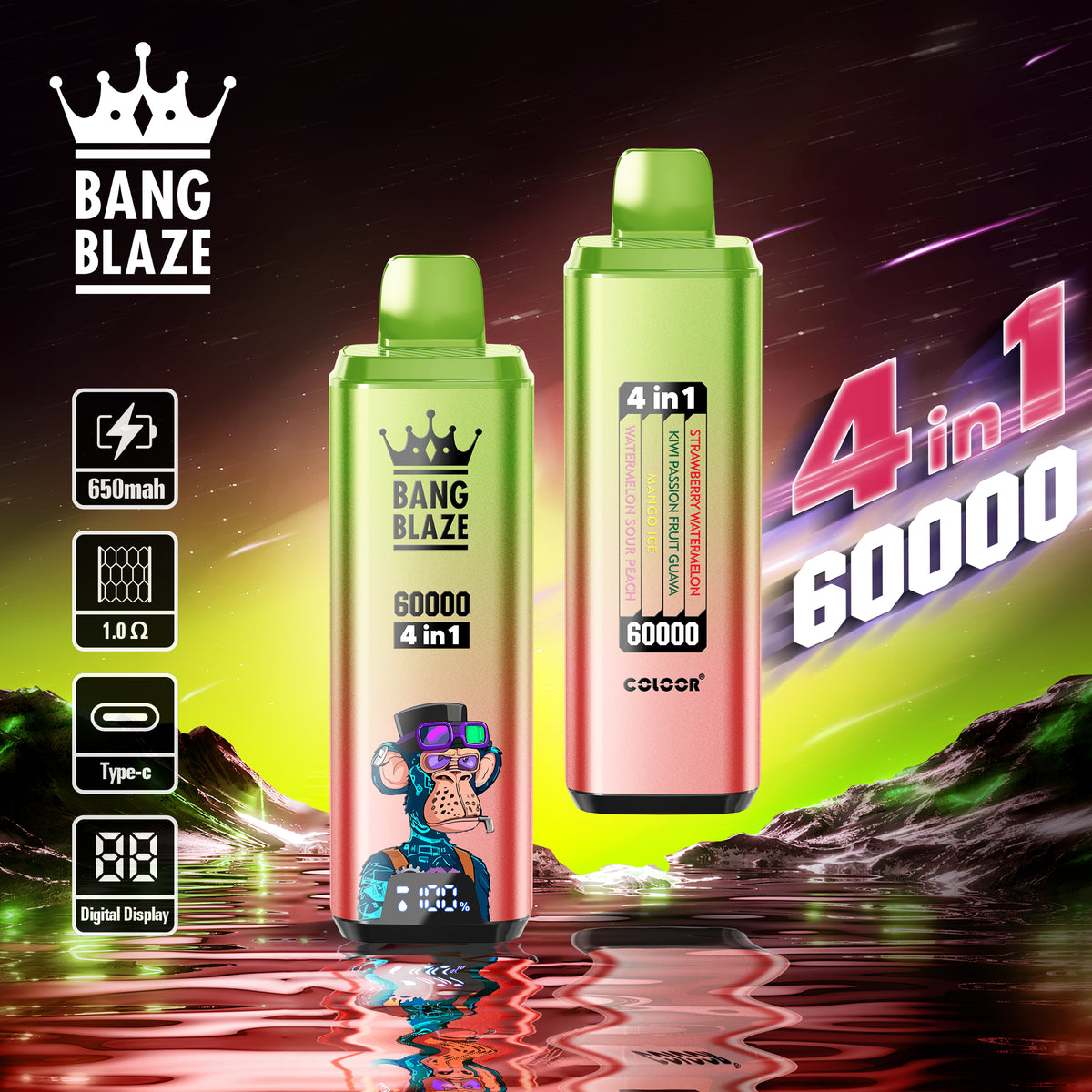 Bang Blaze 60000 – 4 flavors in a single device! 🔥 Fast shipping in 1–5 days. 🚚 Tax- and duty-free. 💨 Up to 60,000 puffs of pure flavor! Buy it now and save! ⚡