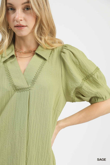 UMGEE Textured Lace Trim Top Sage