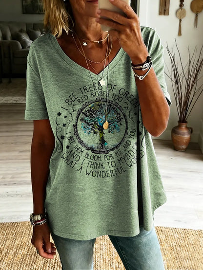 Trees Of Green Wonderful World Hippie Women's V-neck Print Casual T-shirt