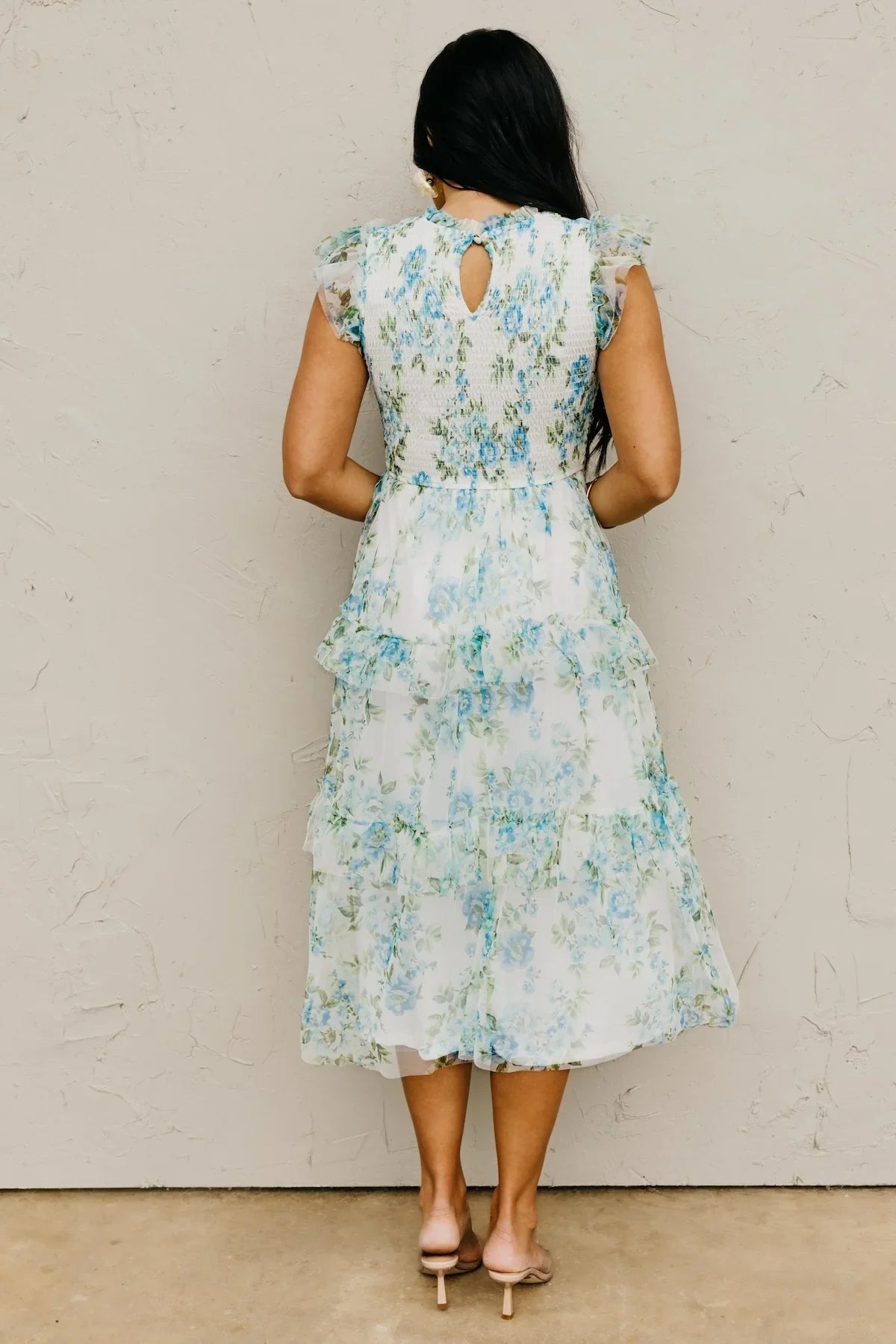 Blue Floral Ruffle Chiffon Dress