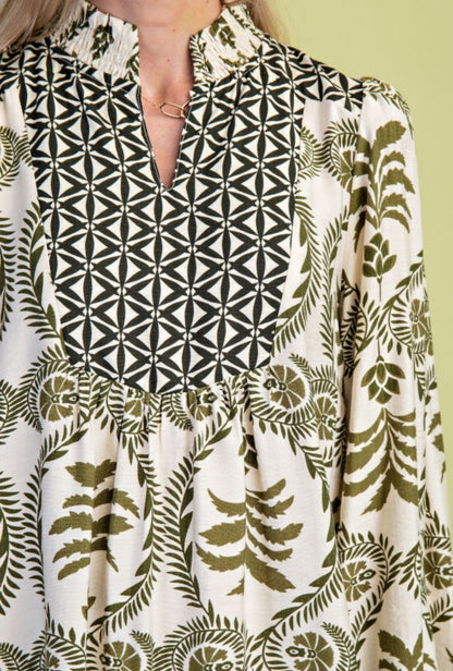 Mollie Printed V Neck Dress Green Mix