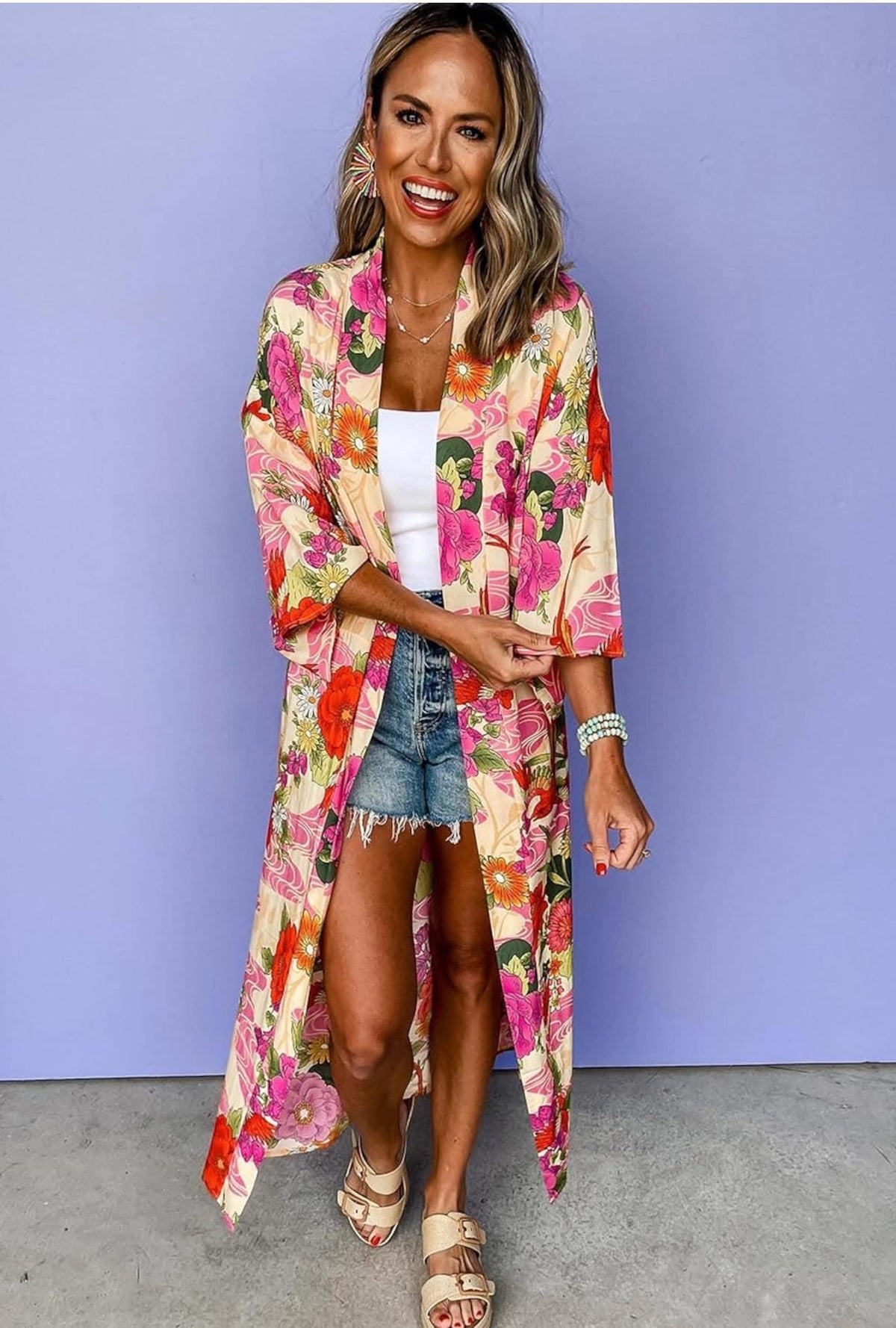 Pink Allover Floral Print Duster Cardigan