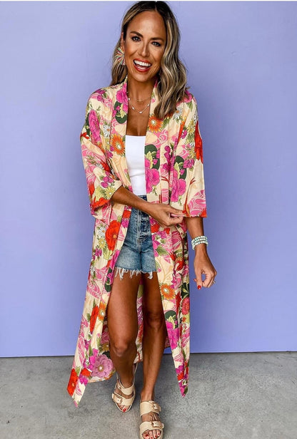 Pink Allover Floral Print Duster Cardigan
