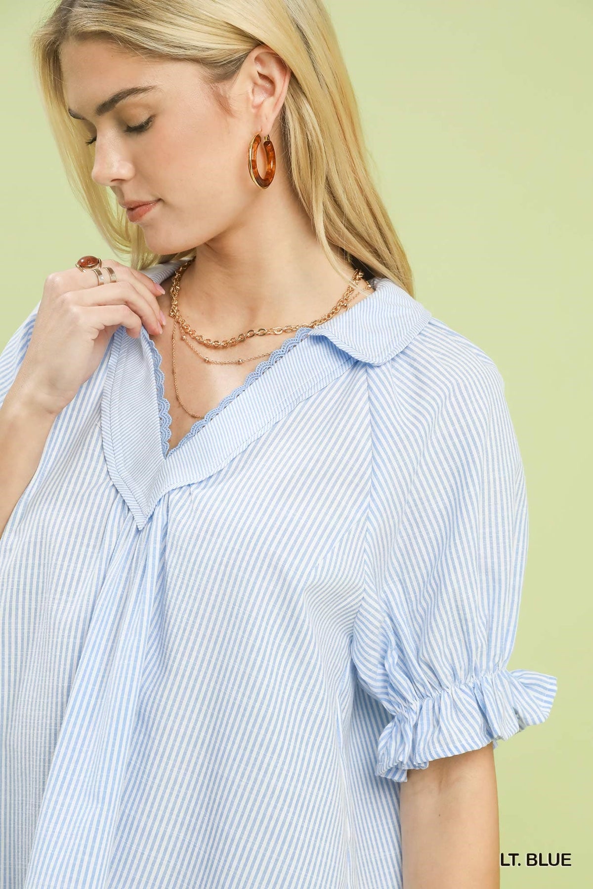 UMGEE Pinstripe Ruffle Sleeve Top Blue