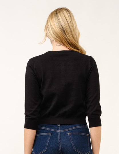 Solid Crew Neck Button Cardigan Black