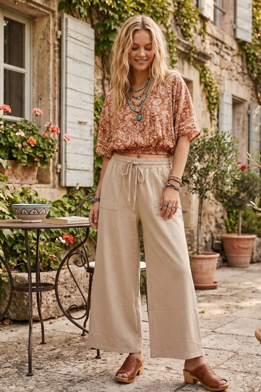 Knit Drawstring Wide Leg Pant Khaki