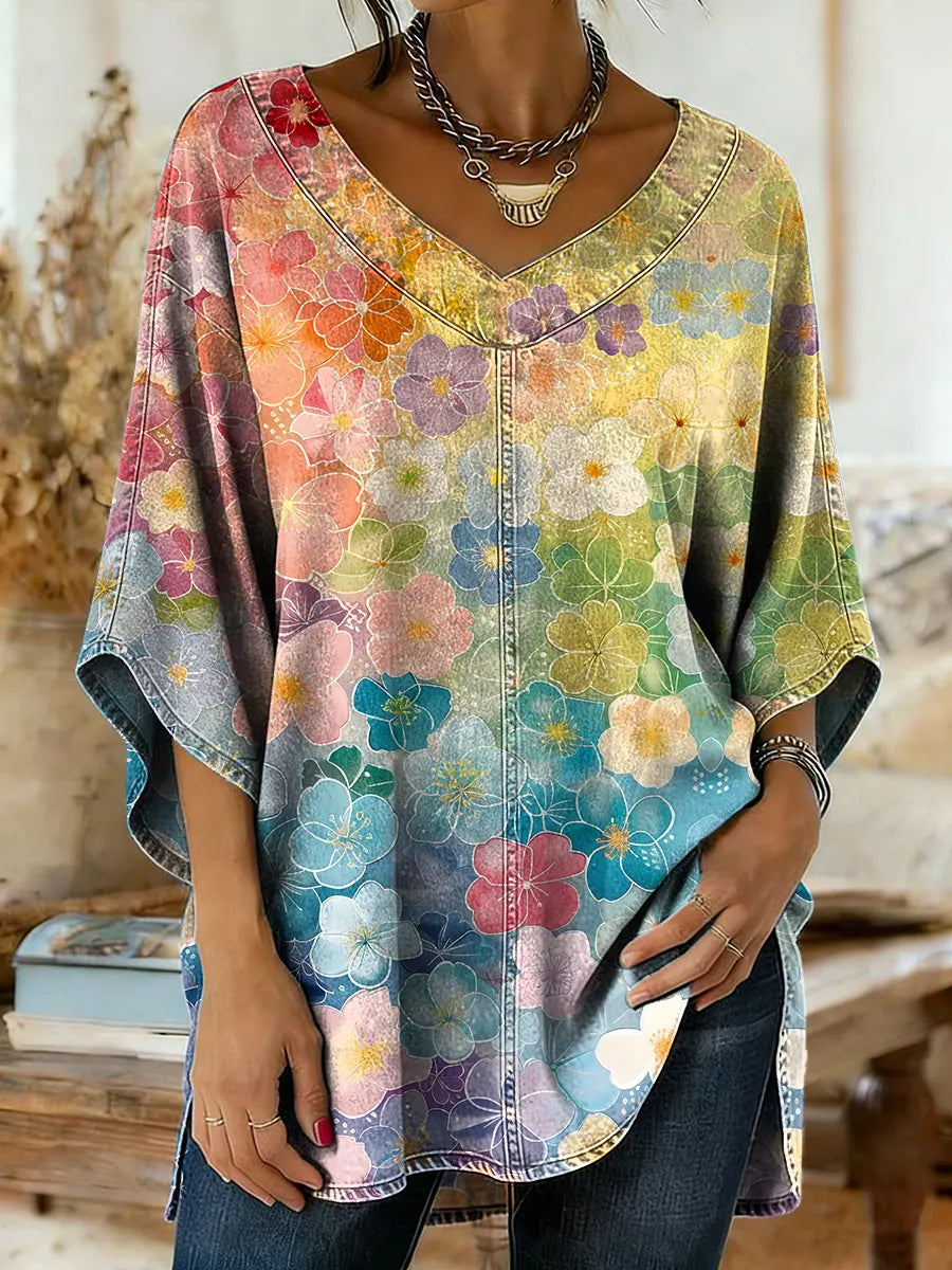 Ethnicity Colorful Flowers Women's Art Print Casual Washed Denim Cotton Top