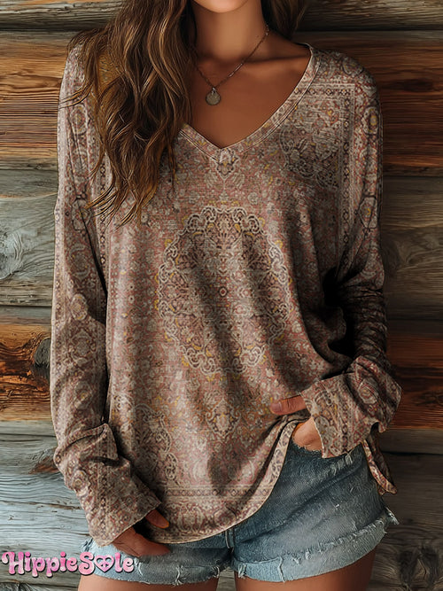 Women's Retro Ethnic Pattern Artistic Print Casual V-Neck Long-Sleeved T-Shirt