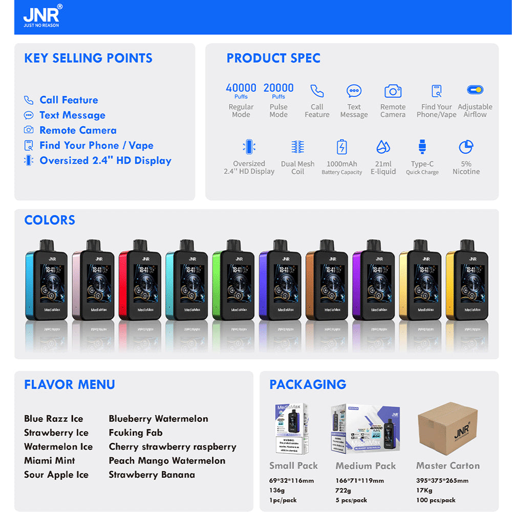 JNR Media Max 40000 40K Puffs Original Intelligent Disposable Vape