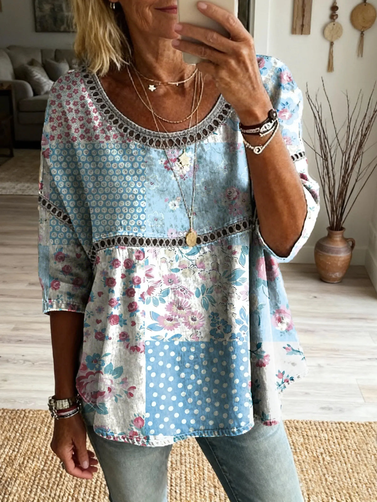 Women's Vintage Patchwork Floral Art Print Casual Round Neck Cutout Top