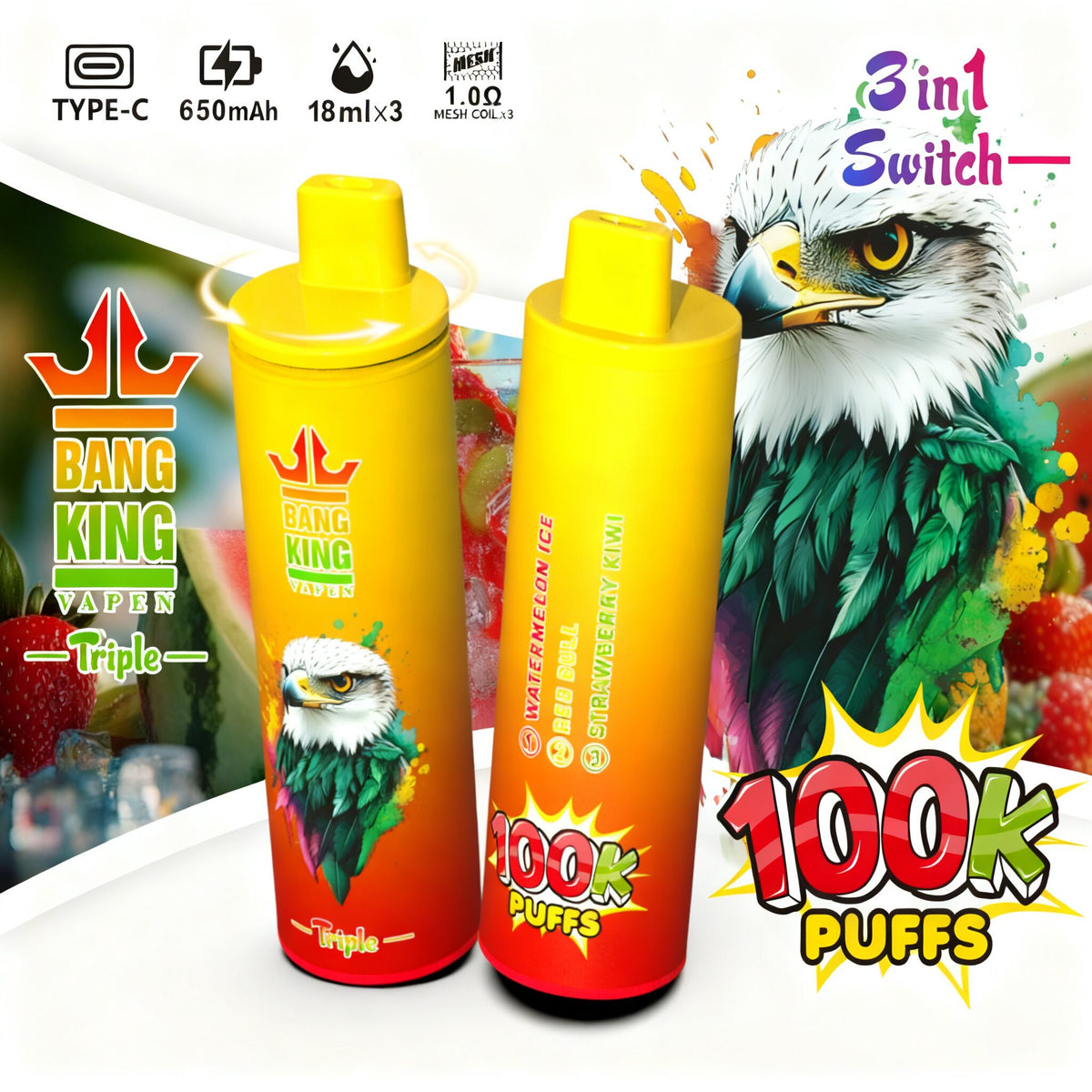 Bang King Triple 100000 100K Puffs 3 in 1 Flavors Original Rechargeable Disposable Vape