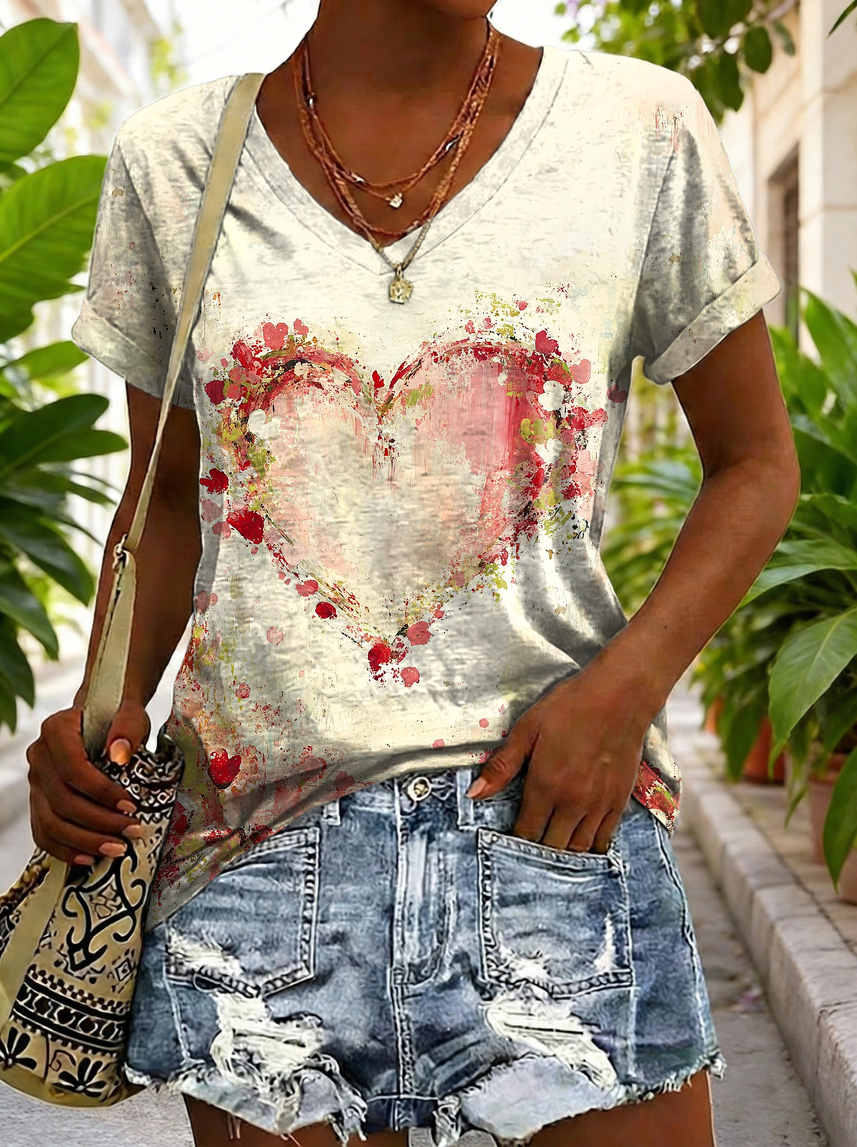 Women's Vintage Heart Floral Art Print Casual V-neck Short Sleeve Cotton T-shirt