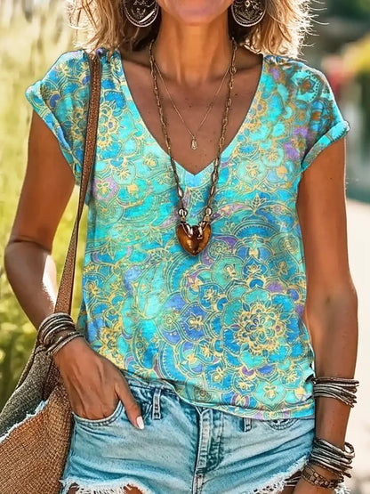 Vintage Kaleidoscope Tie Dye Print 100%Cotton V-neck T-Shirt
