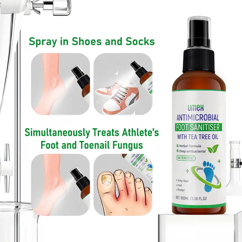 UMEX Tea Tree Foot Spray Kills Fungus & Odor Fast 97% Stink Elimination Repair Cracked Heels 100ml Quick-Dry Formula Clinically Tested Natural Antiseptic - Moisturizing Intensive Foot Care Foot Care Tool