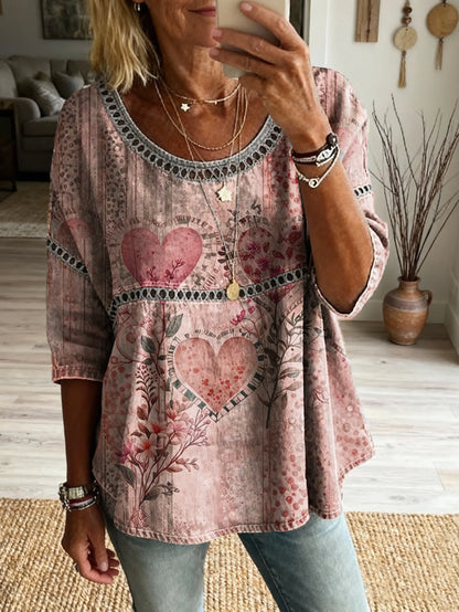 Women's Bohemian Floral Heart Art Print Casual Round Neck Hollow Out Top