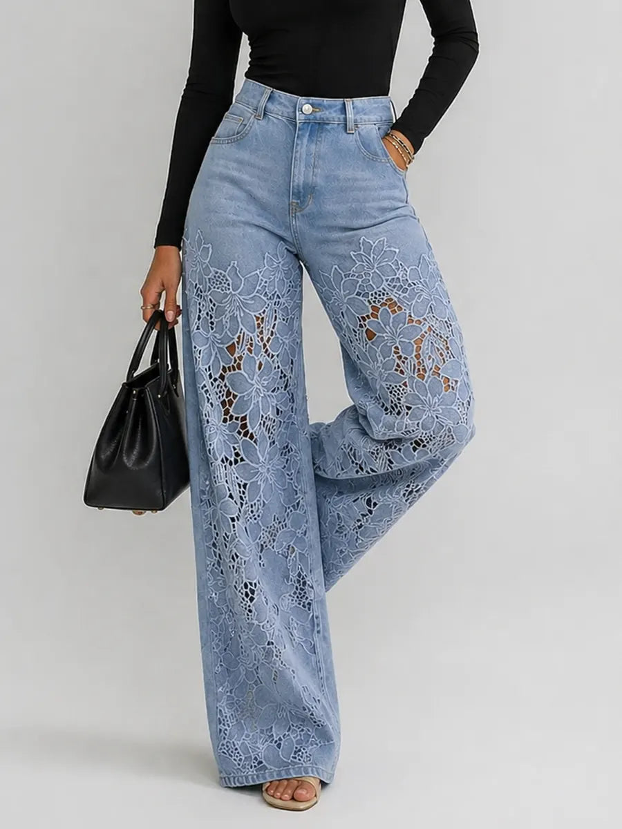 Kaliora - Floral Lace Wide Leg Jeans