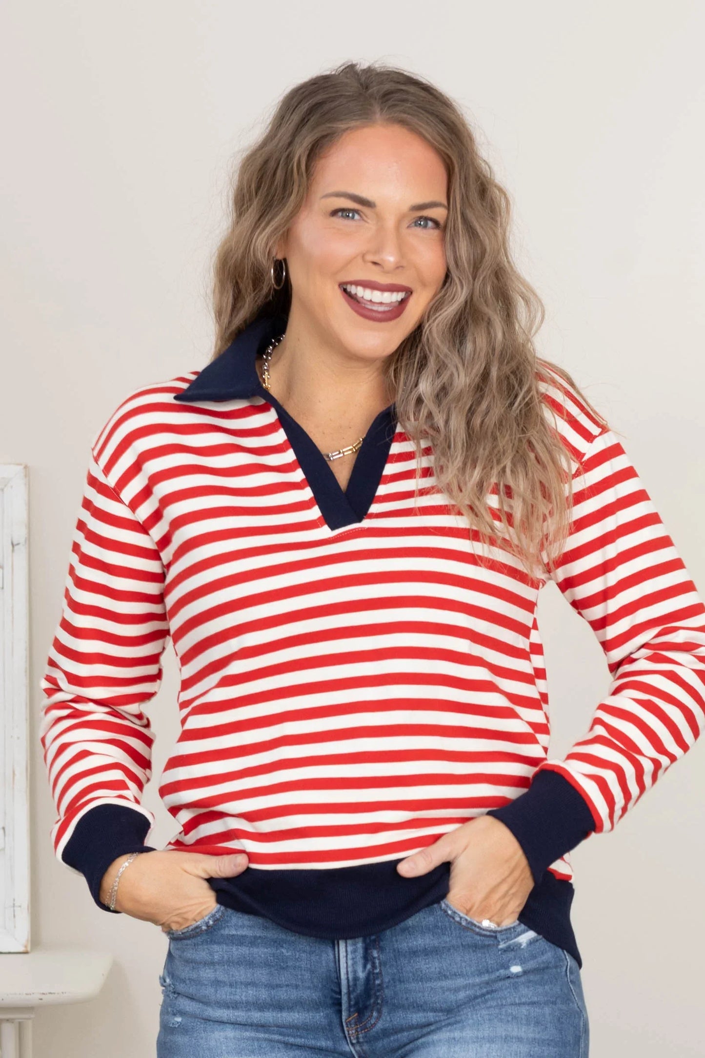 Stripe Contrast Collar Top Red Navy