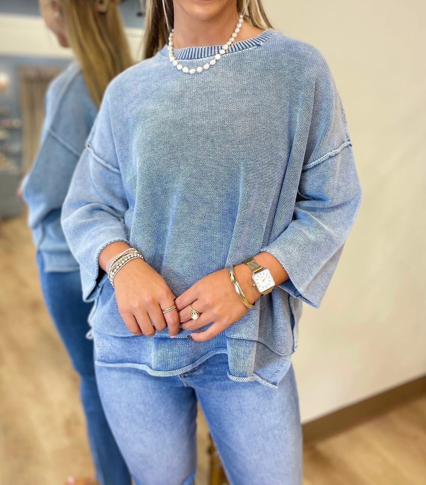 Breezy Knit Top Dusty Blue