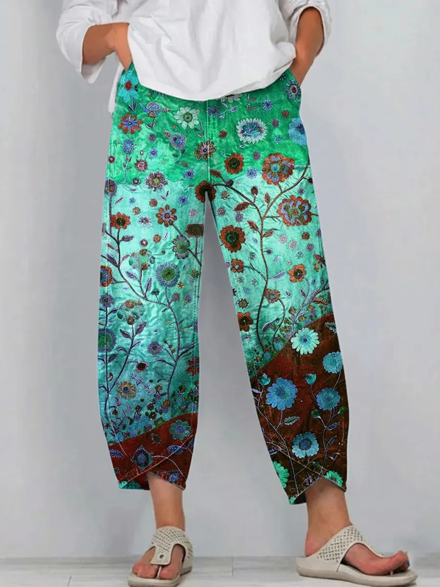 Women's Vintage Floral Art Print Jeans-1