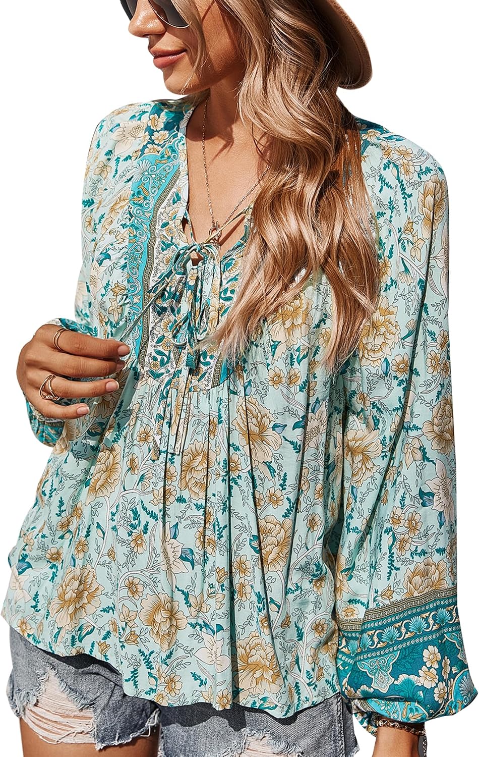 Women Blouse Elegant Casual Boho V Neck Floral Pattern Loose Long Sleeve Summer Tunic Tops