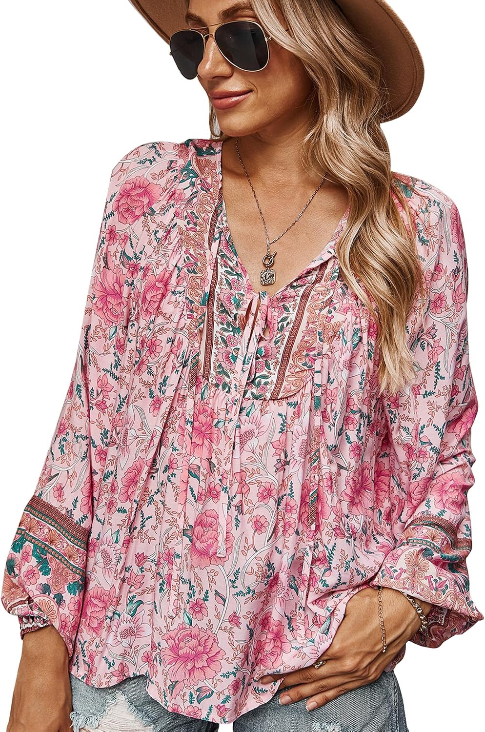 Women Blouse Elegant Casual Boho V Neck Floral Pattern Loose Long Sleeve Summer Tunic Tops