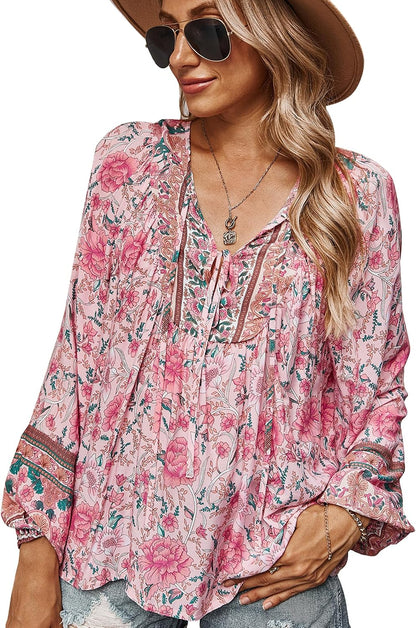 Women Blouse Elegant Casual Boho V Neck Floral Pattern Loose Long Sleeve Summer Tunic Tops