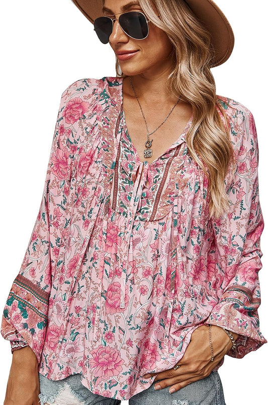 Women Blouse Elegant Casual Boho V Neck Floral Pattern Loose Long Sleeve Summer Tunic Tops