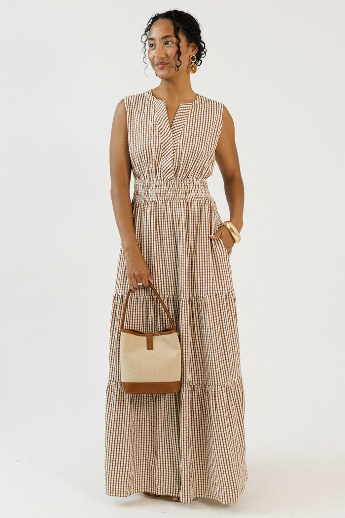 Mocha Gingham Checkered Maxi Dress